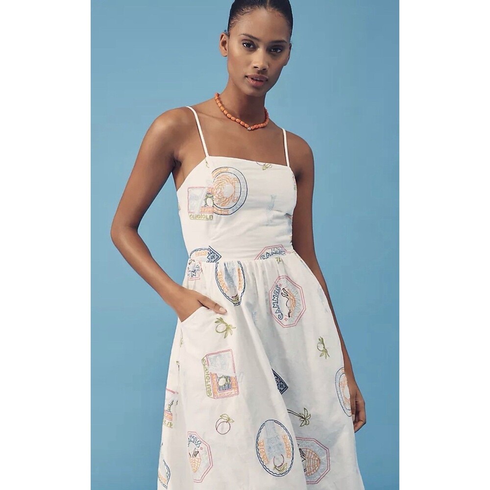 Anthropologie Damson Madder Midi Dress Peaches Embroider Preppy Vacay Sz 10 NWT